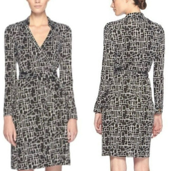 Diane Von Furstenberg Jeanne Silk Wrap Dress Size 0 Black White DVF Initial Logo - Picture 1 of 9